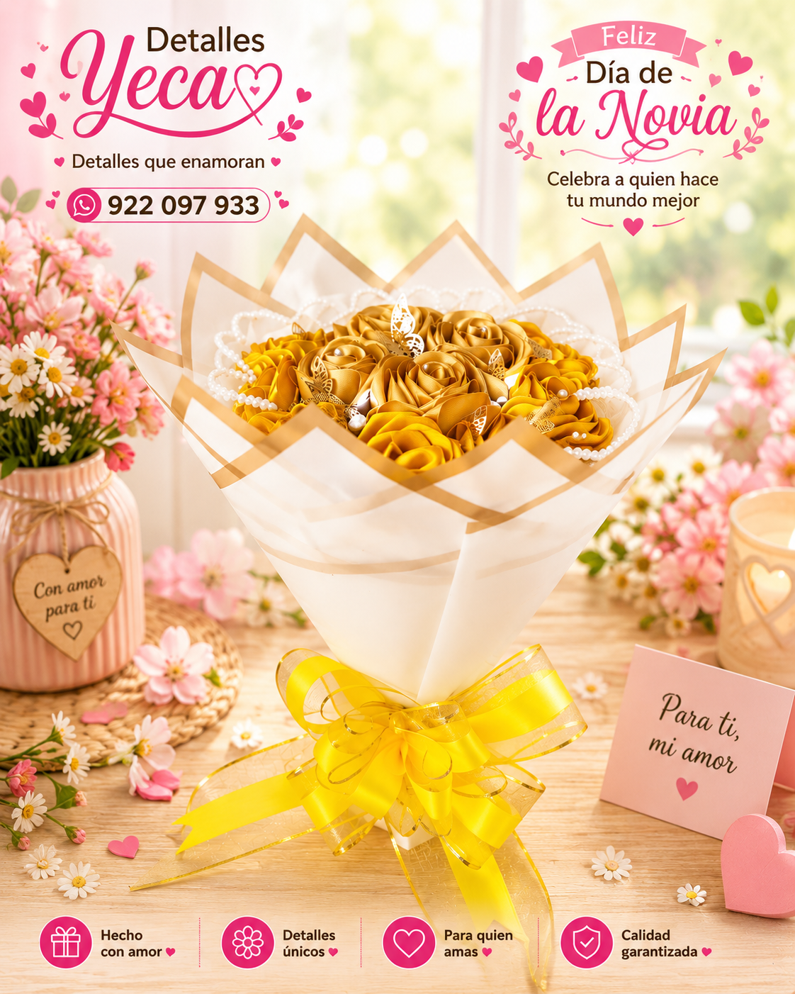 Bouquet Premium de Rosas Eternas Doradas y Amarillas con Luces LED✨💛
