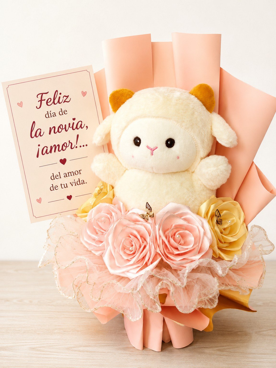 Bouquet de Rosas Eternas de Cinta Satinada con Peluche Ovejita 🐑🌹