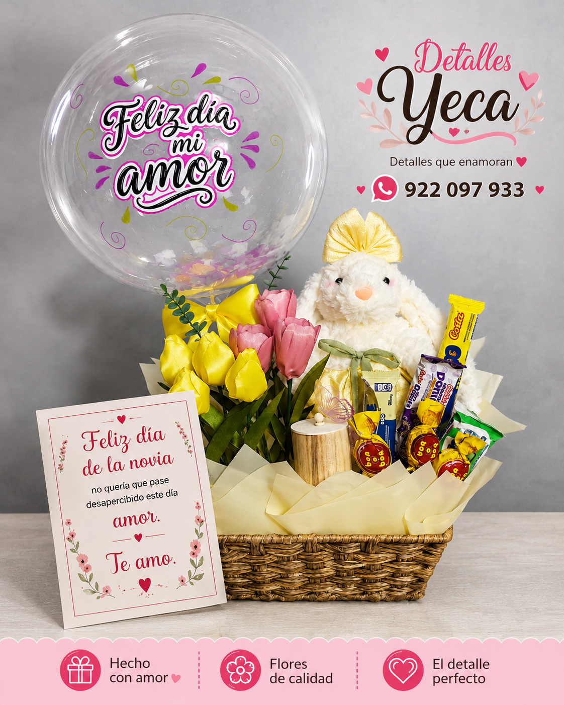 Canasta Sorpresa con Globo Personalizado, Tulipanes y Peluche 🎈🧸🌷